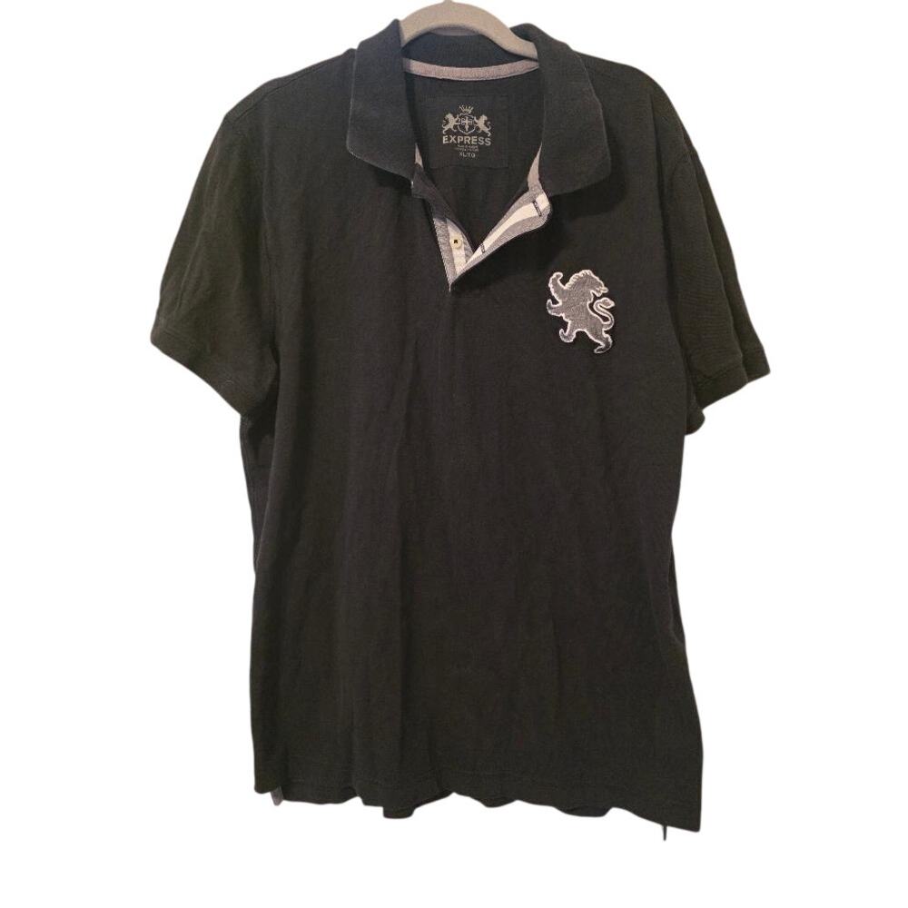Express Mens XL Black Polo Shirt Lion Crest Embroidered Y2K Preppy Cotton